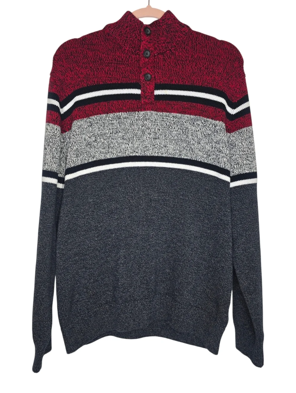 Chaps men's mock neck sweater featuring a colorblock striped design